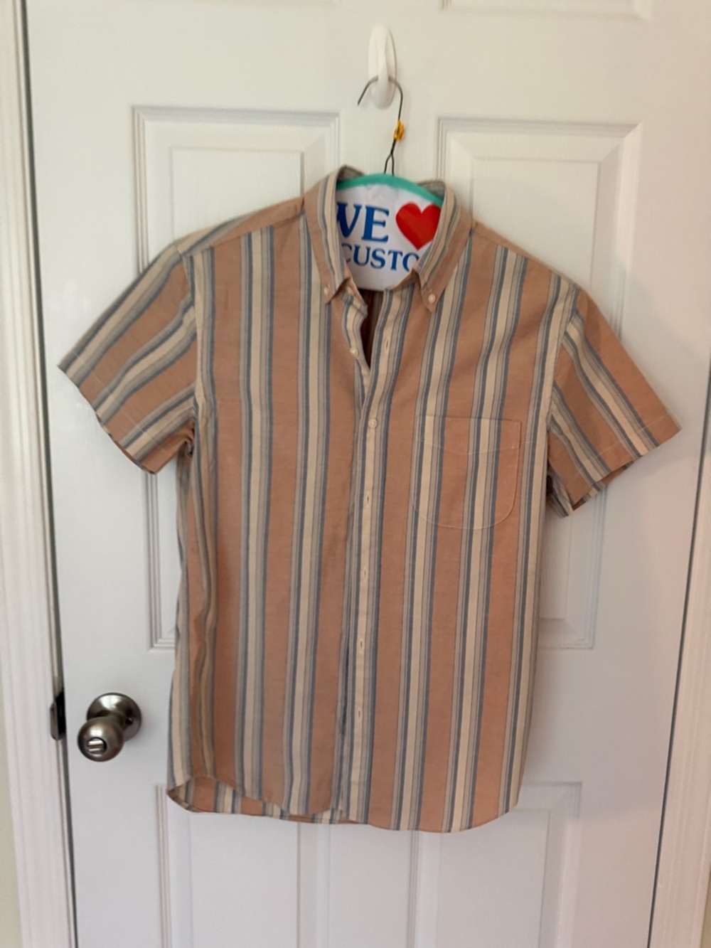 J. Crew Beige and Blue Vertical Stripe Short-Sleeve Button-Down Shirt